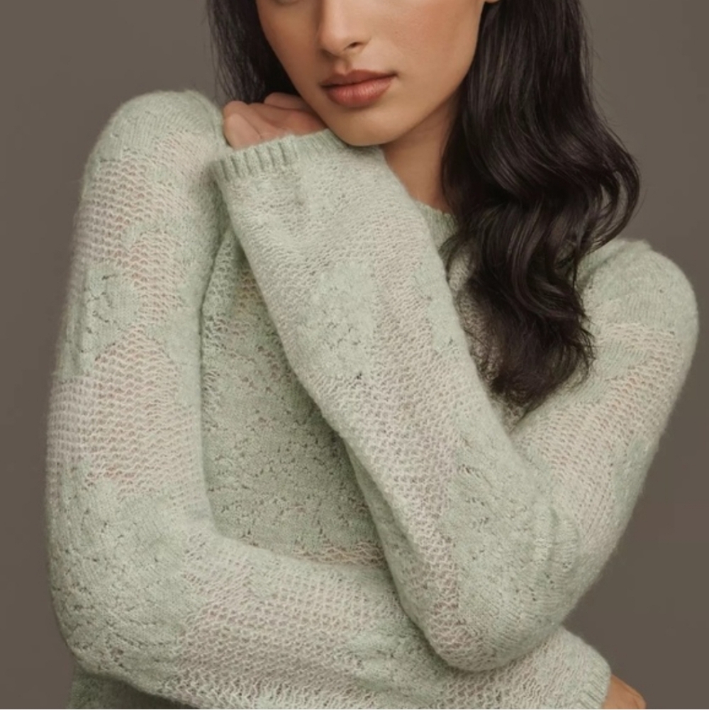 ANTHROPOLOGIE Feminine Mint Green Floral Brocade Fancy Knit Sweater NWT SRP$118